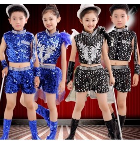 Royal blue black sequins lrhinestones feather leather patchwork girls kids children boys performance competition school play jazz hip hop dance costumes outfits dance wear clothes